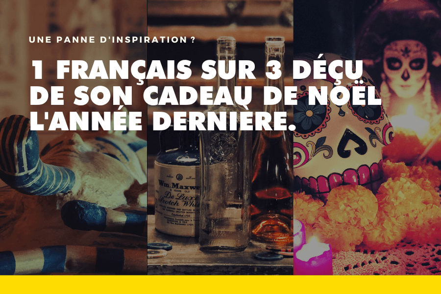 Image montrant différents thèmes d’escape game avec le texte : "1 Français sur 3 déçu de son cadeau de Noël l’année dernière. Une panne d’inspiration ?"