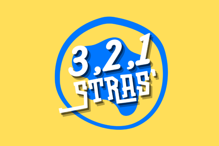 Logo officiel de l'événement 3,2,1 Stras' Saison 3 sur fond jaune, avec texte en bleu 3D.