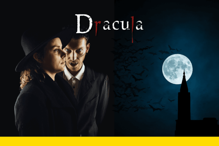 Image promotionnelle pour 'Dracula: La Traque Commence', montrant un homme avec des traits de vampire et une femme en chapeau tenant un regard intense, avec une pleine lune et une silhouette d'église en arrière-plan sous un ciel nocturne peuplé de chauve-souris." Ce texte alternatif décrit avec précision les éléments visuels pour ceux qui ne peuvent pas voir l'image, tout en intégrant des mots-clés pertinents pour le SEO