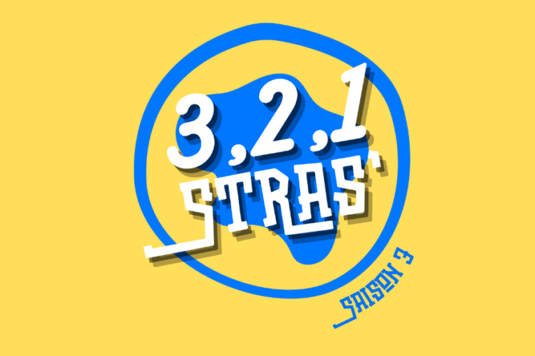 Logo officiel de l'événement 3,2,1 Stras' Saison 3 sur fond jaune, avec texte en bleu 3D.