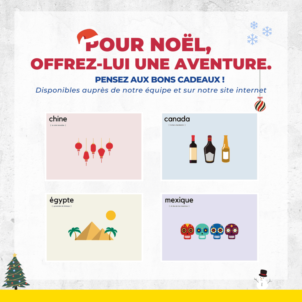 Pour Noël, offrez un escape game ! Illustration des quatre scénarios proposés par Les Secrets du Sablier : Chine, Canada, Égypte et Mexique.