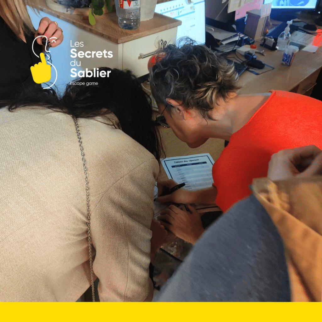 Équipe en plein jeux sur mesure avec résolution d'énigme pour un jeu sur mesure dans un cadre d'entreprise
