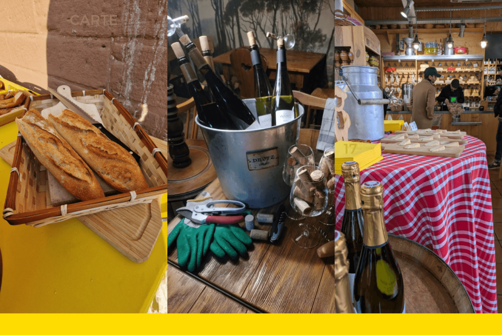 Jeu de Piste Gourmand: Une Aventure inédite à Strasbourg 🎭🧩 1 Montage illustrant la dégustation de produits locaux à Strasbourg : baguettes artisanales, vin blanc d’Alsace et munster, dans le cadre du jeu de piste gourmand organisé par Les Secrets du Sablier.