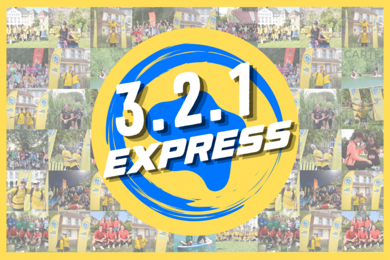 Logo de 3.2.1 Express, la course urbaine emblématique, entouré de photos de participants. L'événement revient à Strasbourg en 2025.