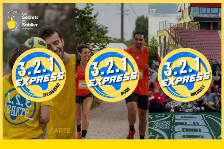 Affiche promotionnelle de 3.2.1 Express, une course immersive et stratégique organisée à Strasbourg, Dijon et Grenoble.