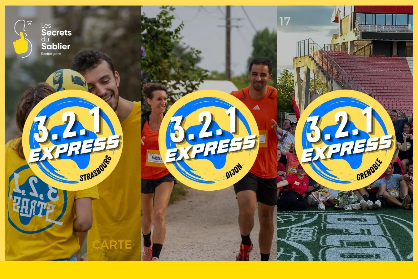 Affiche promotionnelle de 3.2.1 Express, une course immersive et stratégique organisée à Strasbourg, Dijon et Grenoble.