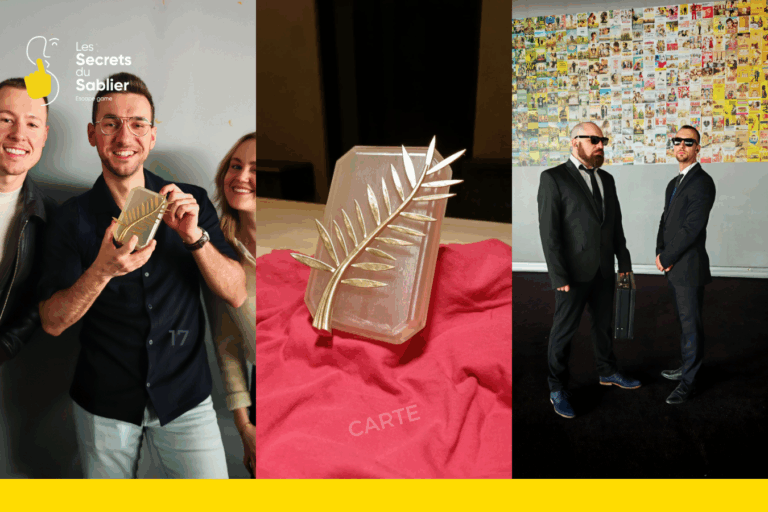 Mission palme d'or: Participants souriants, trophée Palme d’Or imprimé en 3D, et comédiens en costume dans les coulisses de l’UGC Strasbourg pour l’escape game immersif “Mission Palme d’Or”.