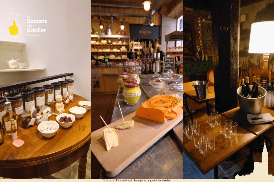 lateaux de dégustation de produits locaux (fromages, chocolats, vins) dans le cadre du jeu de piste gastronomique La Tournée des Bons Vivants à Strasbourg.