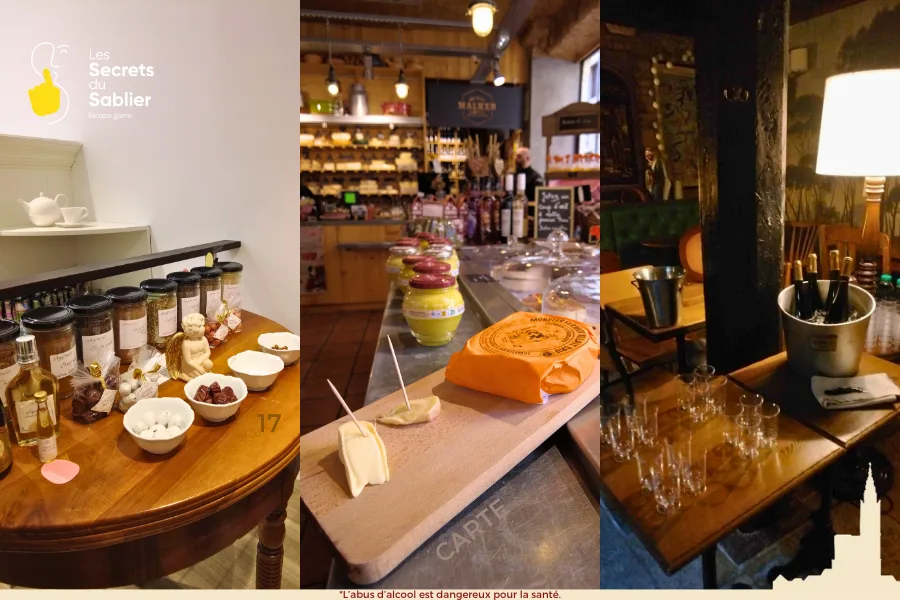 lateaux de dégustation de produits locaux (fromages, chocolats, vins) dans le cadre du jeu de piste gastronomique La Tournée des Bons Vivants à Strasbourg.