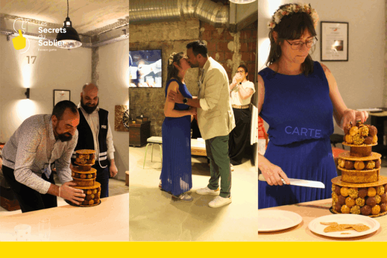 Invité·es d’un mariage participant à une mystery party immersive chez Les Secrets du Sablier à Strasbourg, avec moment de jeu, baiser des marié·es et découpe du gâteau.
