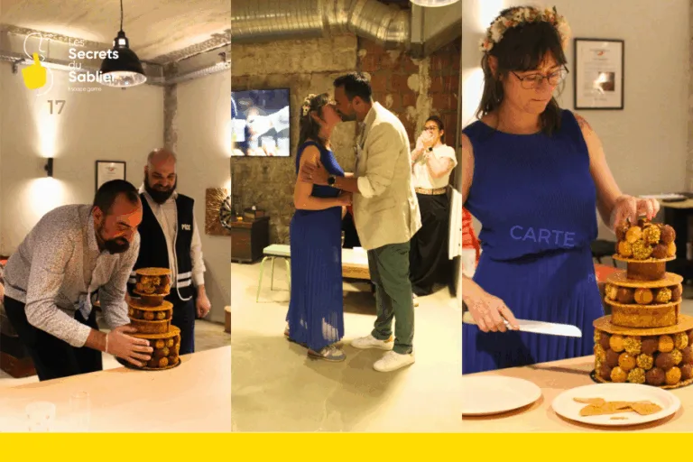 Invité·es d’un mariage participant à une mystery party immersive chez Les Secrets du Sablier à Strasbourg, avec moment de jeu, baiser des marié·es et découpe du gâteau.