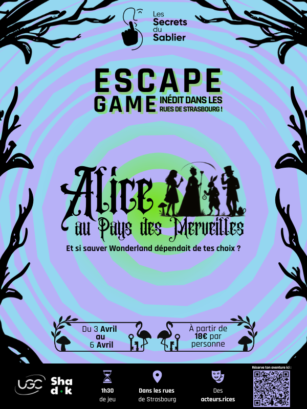 Nos Aventures 51 Affiche officielle de l'escape game inédit Alice au Pays des Merveilles dans les rues de Strasbourg. Jeu immersif d'1h30 avec acteurs du 3 avril au 6 avril.