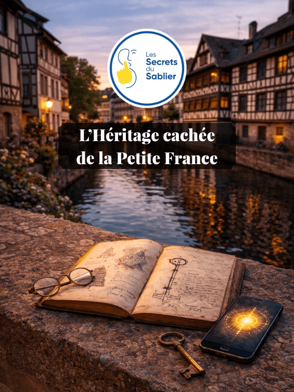 Visuel de L’Héritage caché de la Petite France avec carnet ancien, clé et smartphone, jeu de piste extérieur des Secrets du Sablier à Strasbourg, jouable en autonomie de 2 à 5 personnes.