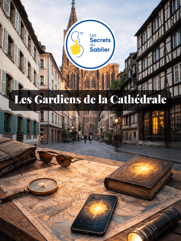 Visuel des Gardiens de la Cathédrale avec livre ancien, loupe et smartphone, jeu de piste extérieur des Secrets du Sablier à Strasbourg, jouable en autonomie de 2 à 5 personnes.